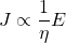 \begin{equation*}  \bm{J} \propto \frac{1}{\eta} \bm{E}\end{equation*}